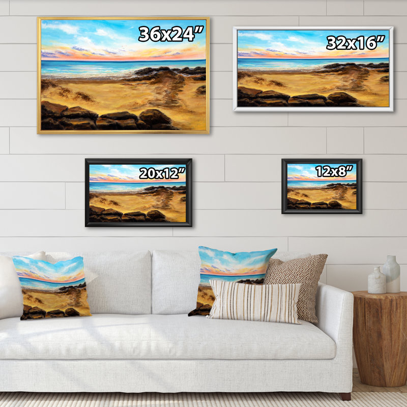 Golden Beach Horizon Landscape - impression nautique et côtière sur bois, H 16 po x l 32 po x P 1 po, Cadre naturel flottant