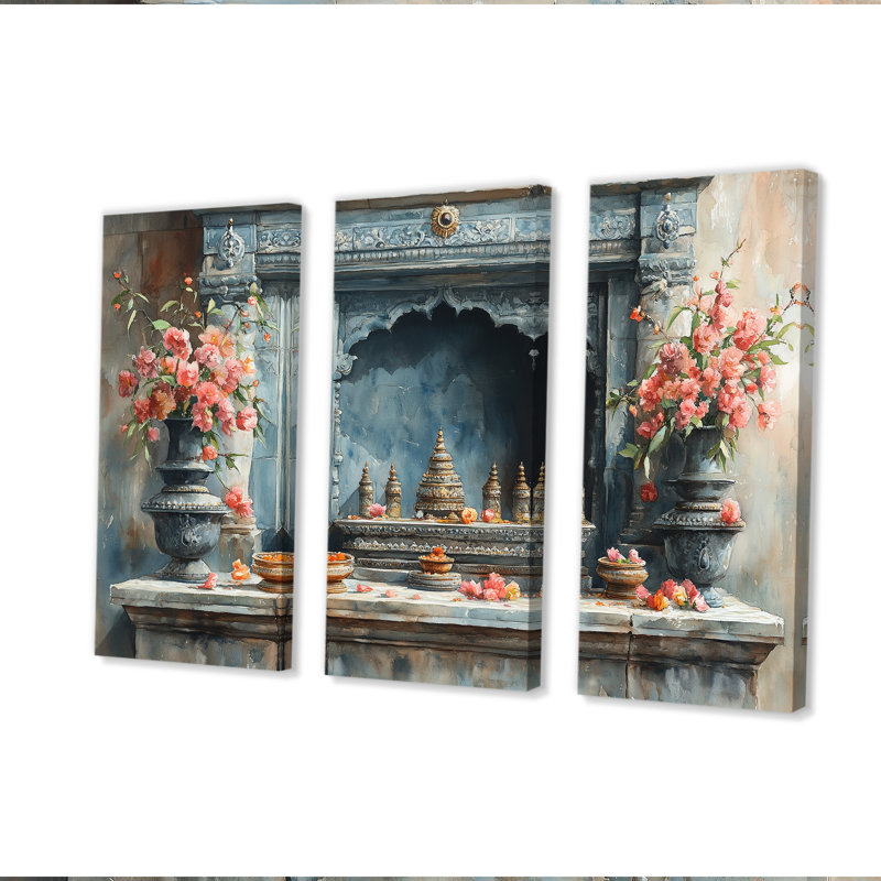 Puja indien moderne rose - ensemble de décoration murale d'art indien, Toile tendue, H 32 po x l 48 po x P 1 po