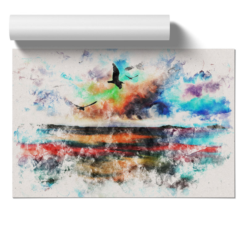 Birds over a Colourful Ocean Watercolour - Frameless Print, 59cm H x 84cm W x 0.1cm D