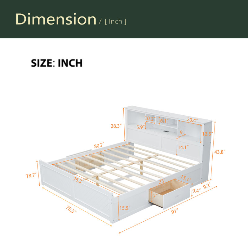 Lit plateforme très grand en bois avec tête de lit multi-rangement, USB et tiroirs, Blanc