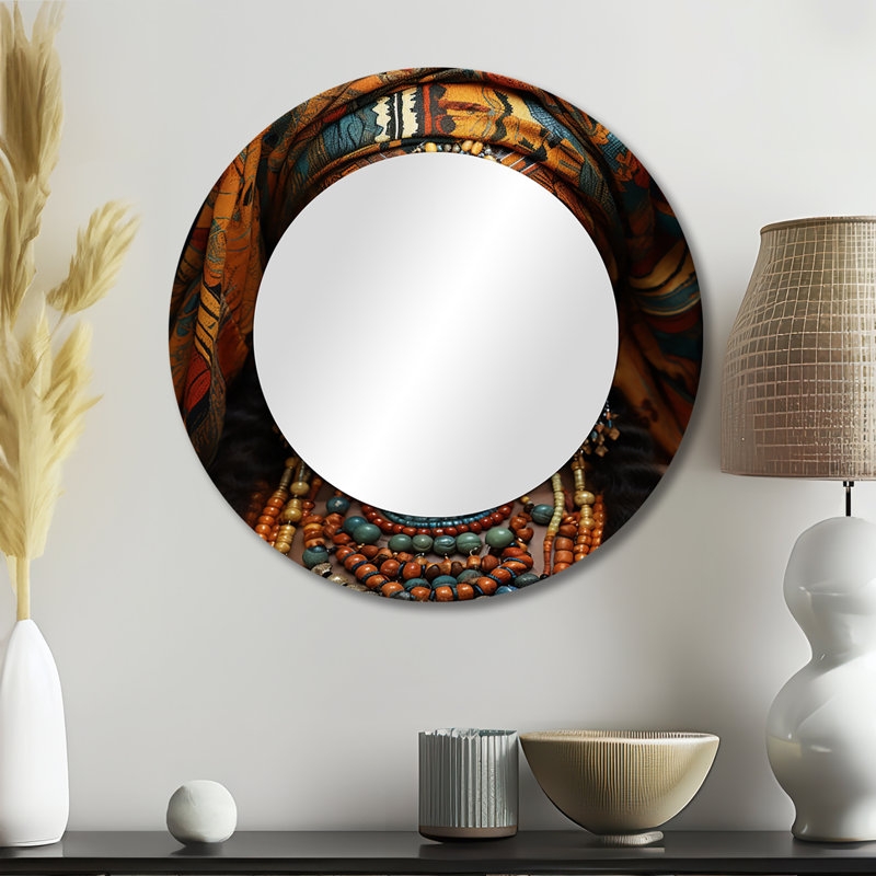 African Adorned Beauty III - African Art Wall Mirror, Turquoise Round Decorative Mirror, Printed Metal Art, 23" x 23"