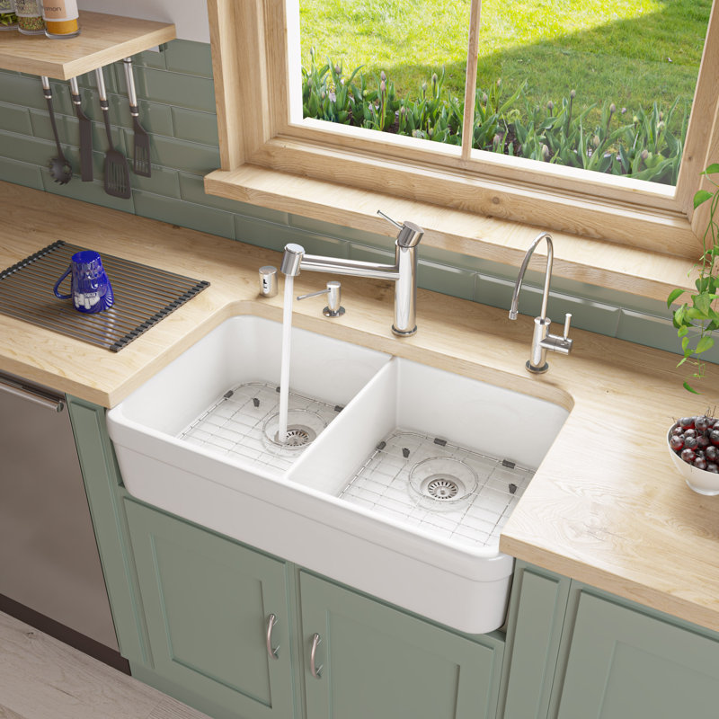 32'' L Double Bowl Fireclay Kitchen Sink, White