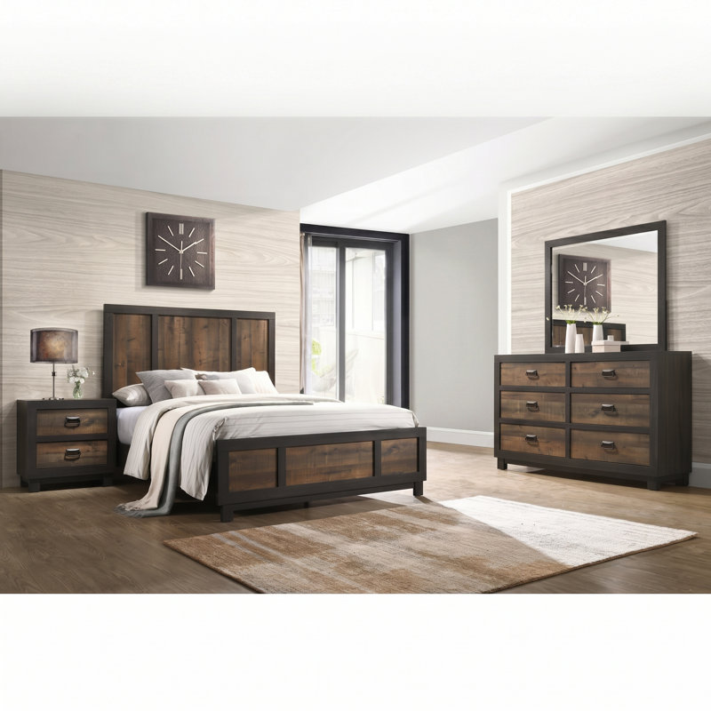 Ensemble de chambre à coucher standard 4 pièces Jobe, Grand, 4 Pcs: Bed, Dresser, Mirror, Nightstand