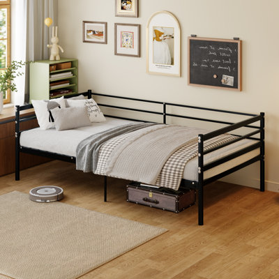 Lit mezzanine pour enfants, lit en métal de style canapé-lit, barrière de sécurité de 11,8 pouces, peu encombrant, noir.