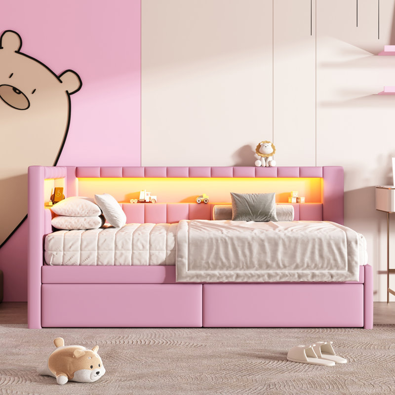 Lit plateforme tapissier simple avec ports USB et ceinture à DEL, avec 2 tiroirs, rose