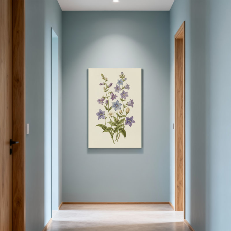 Plantes et fleurs mauves, bleues et blanches avec des feuilles vertes, H 16 po x l 24 po