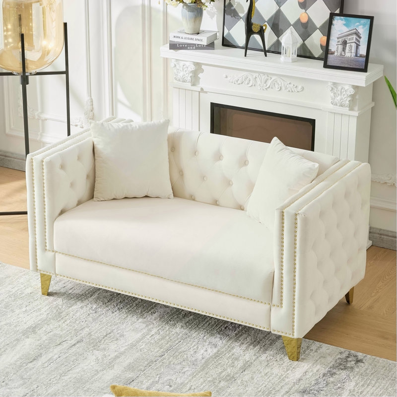 Canapé 58 po en velours Chesterfield de 58 po, canapé 2 places à siège profond, canapé moderne avec têtes de clou à boutons, accoudoirs carrés, meubles de salon, de chambre à coucher et de bureau (beige)