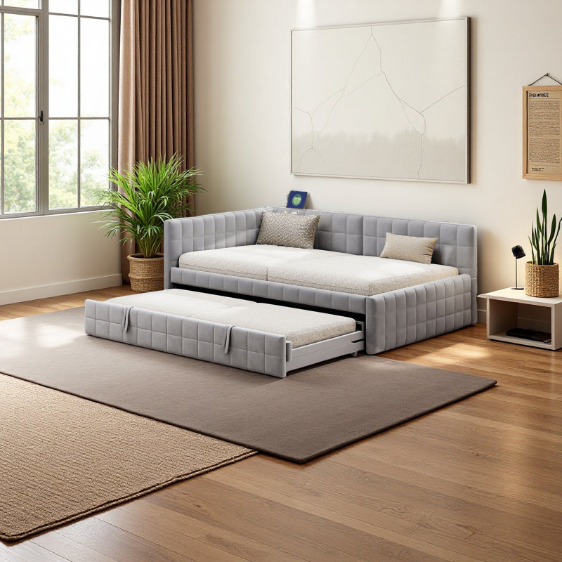 Full Size Upholstered L-Shaped Upholstered Daybed With Twin Size Pop Up Trundle And USB Ports, Gray