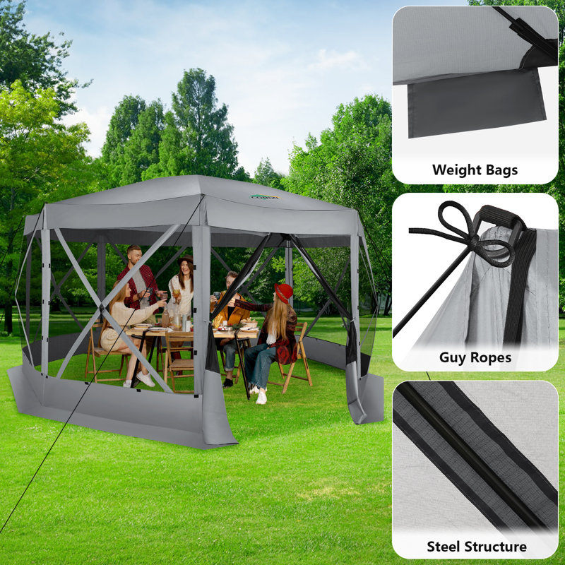 Pavillon de jardin escamotable 15x15 avec moustiquaire pour camping, moustiquaire et moustiquaire, Gris