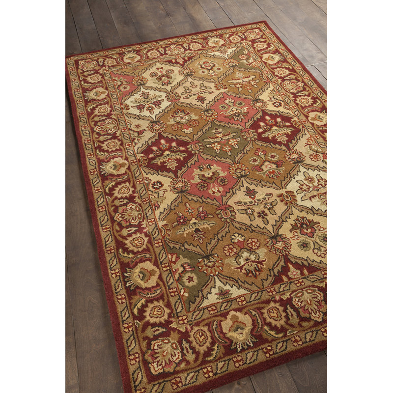 Frias Authentic Hand-Tufted Handmade Deep Red, Gold & Sage Green Traditional Diamond Lattice Wool Area Rug
