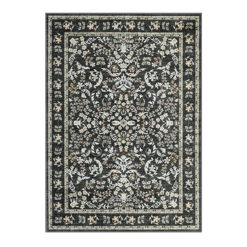 Area Rug 5x7 for Living Room, Washable Non Slip Low Pile Rugs, Floral Soft Carpet for Living Room, Bedroom, Dining Room, Black
