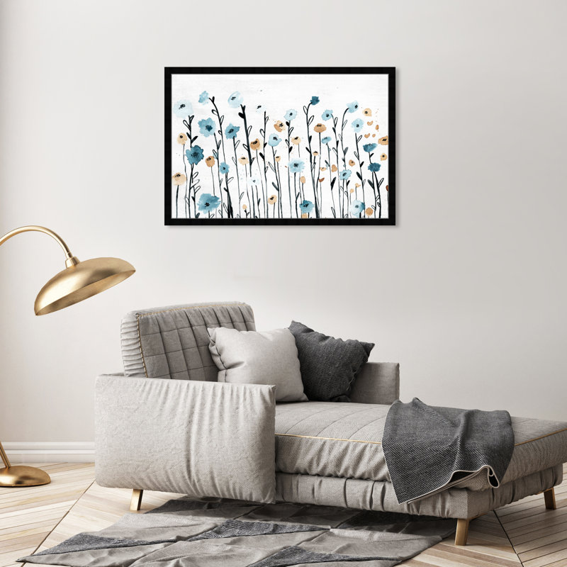 Fleurs bleues pastel bleues - peinture encadrée, Cadre noir, H 26 po x l 38 po
