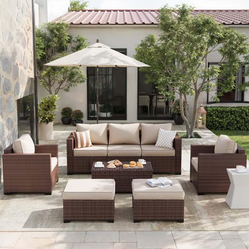 Wicker Sofa Seating Group with Storage Deck Box and Ottomans, Beige