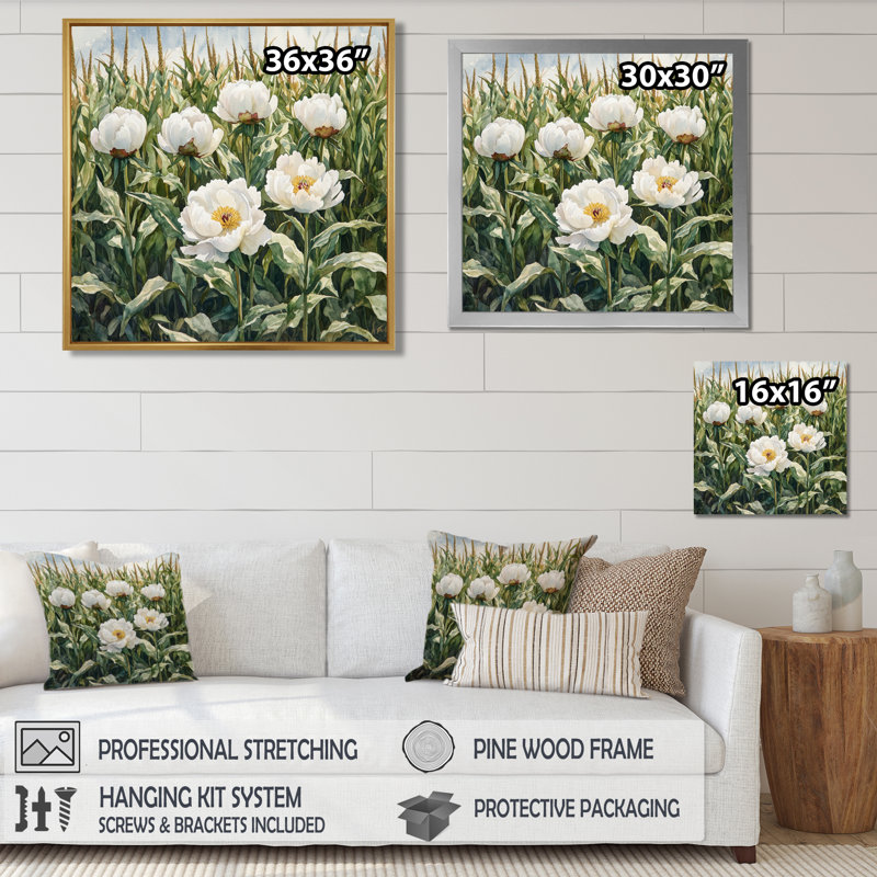 Été pivoines dans le champ de maïs I - pivoines, art mural, Impression encadrée flottante, H 16 po x l 16 po, Doré