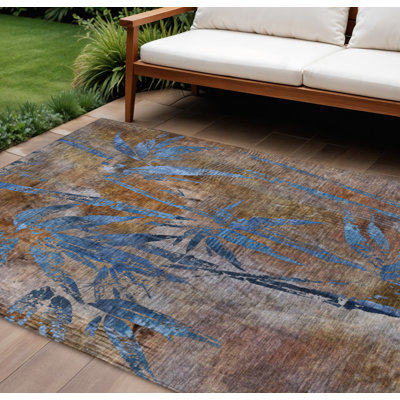 Tapis lavable d'intérieur/extérieur à motifs botaniques bruns et bleus, 2,74 m x 3,66 m.