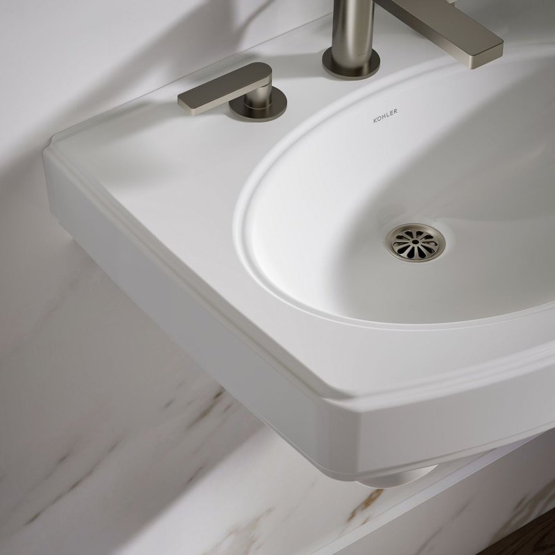 Pinoir® Vitreous China U-Shaped Semi-Pedestal Bathroom Sink with Overflow, White, 8" Centers