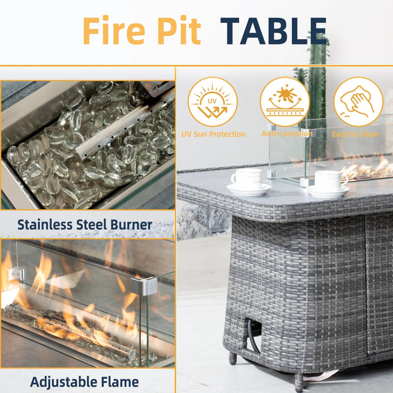 Table foyer d'extérieur au propane, structure en aluminium et osier PE, 1 pièce, table d'extérieur rectangulaire, gris, 50 000 BTU avec pare-vent et housse