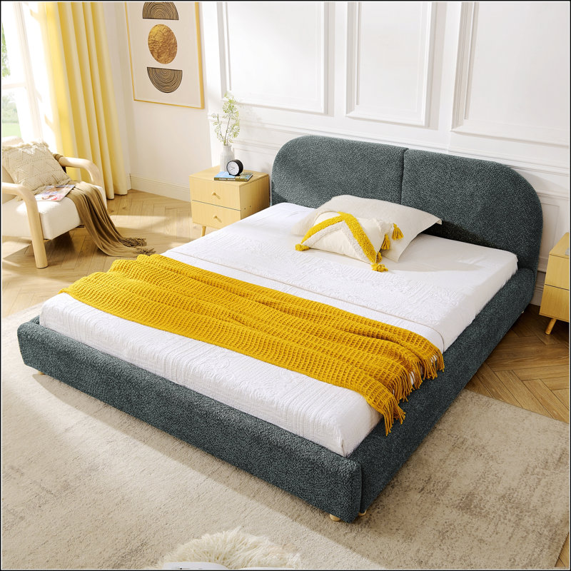 Structure de lit tapissier pour grand lit, style minimaliste moderne avec tête de lit haute incurvée, tissu en fil de cercle de qualité supérieure et support de pieds robuste, matelas non inclus