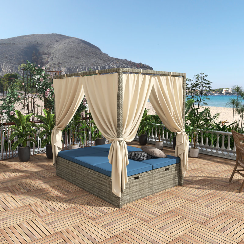  Adjustable Outdoor Sun Lounger With Canopy, Multi-Position Reclining Chaise Lounge With Removable Cushion For Patio, Garden & Poolside
