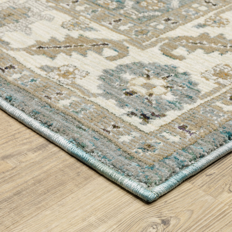 Tapis oriental rayé en nylon / polypropylène bleu / ivoire, Rectangle 8 pi 6 po x 11 pi 7 po