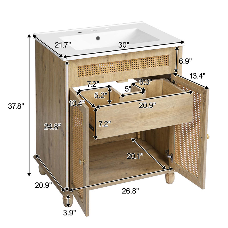 Meuble-lavabo de 30 po, portes en rotin tissé à la main, pieds en bois massif et lavabo en résine