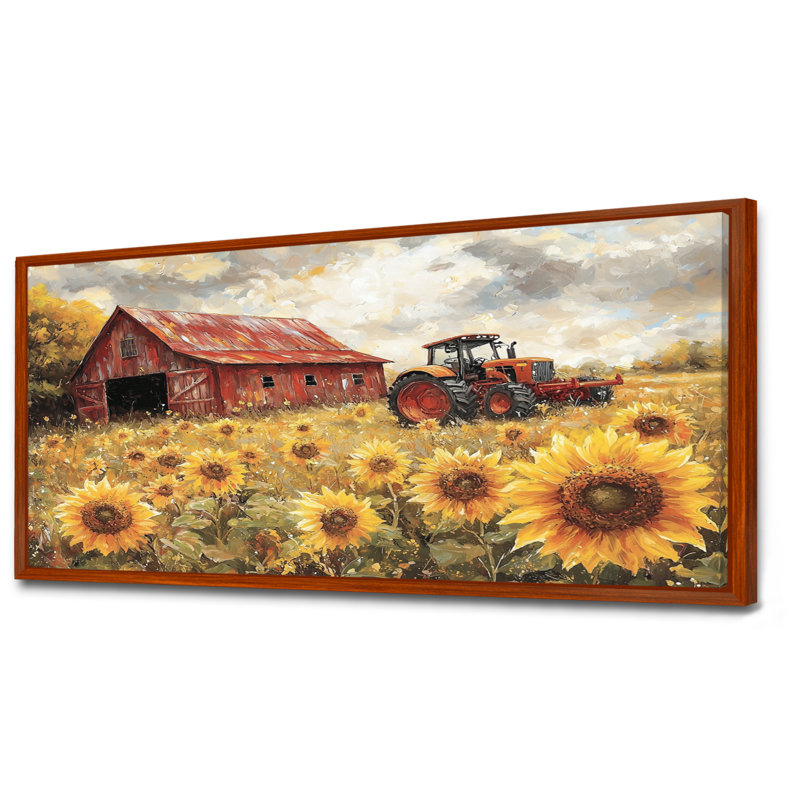 «Divena Sunflowers And The Tractor Shed II» - Art mural tournesols, Brun, H 28 po x l 60 po, Impression encadrée flottante