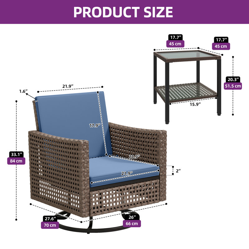 Outdoor Swivel Rocking Chairs With Rattan Side Table, Dark Brown, Blue