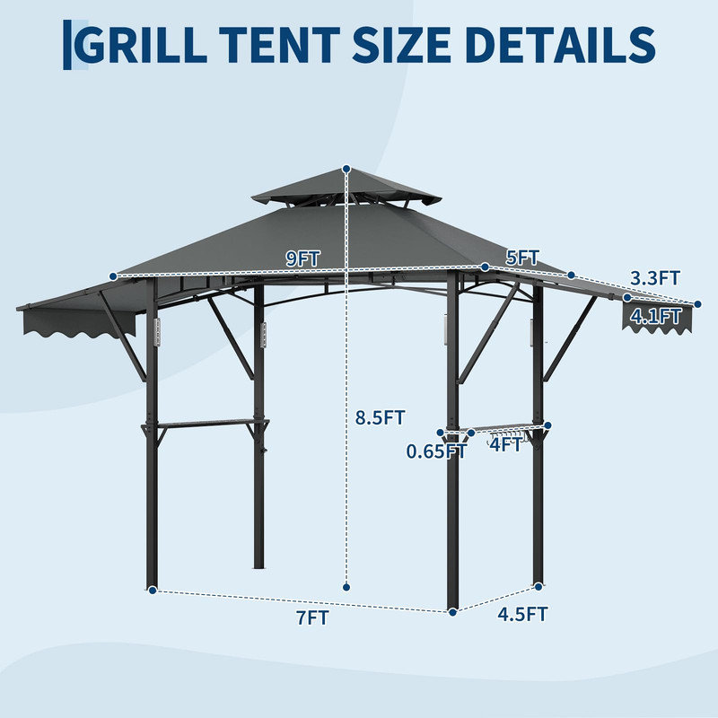 8x5 ft Grill Gazebo with Adjustable Dual Side Awnings, 2-Tier BBQ Canopy with 2 Shelves, Hooks, 4 LED Lights, Ceiling Hook, Steel Frame for Backyard