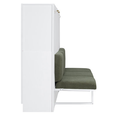 Lit escamotable double avec canapé intégré, lit mural avec 4 tablettes de rangement et station de recharge USB, panneau blanc + canapé vert