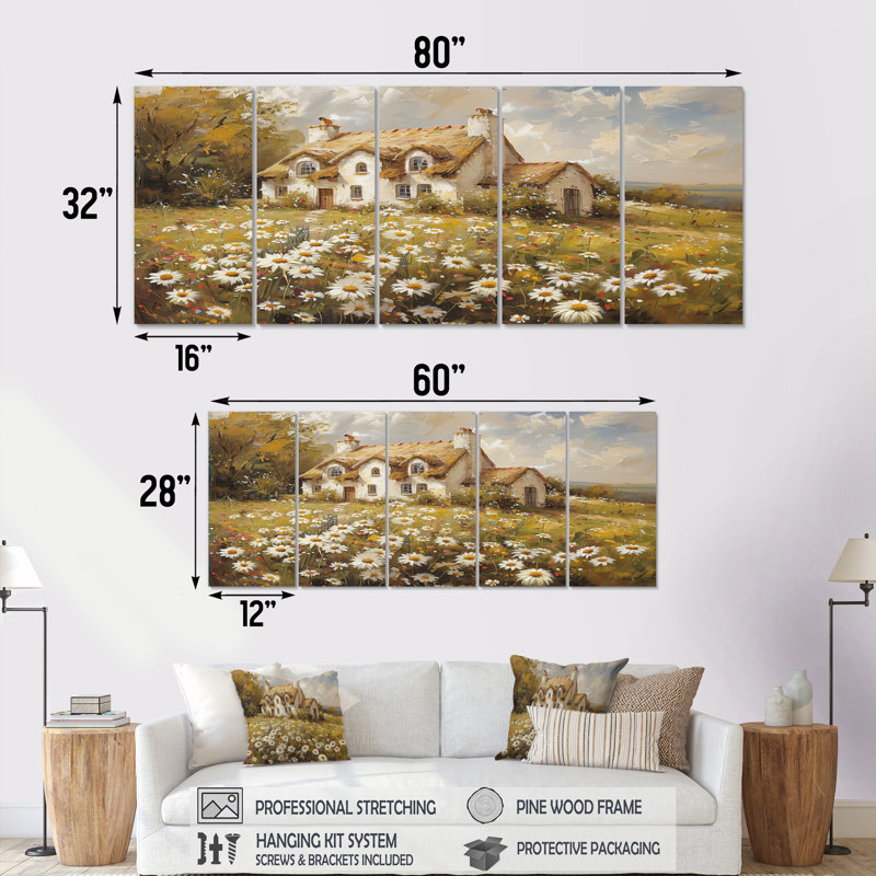 «White Yellow Daisy Delight Country Cottage», ensemble d'impression d'art mural campagne, H 32 po x l 80 po