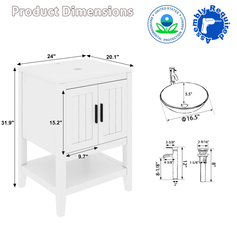 Ensemble de meuble-lavabo simple 24 po avec lavabo vasque, robinet et drain Sharee, assemblage requis, Blanc