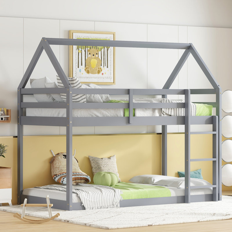 Rubber Wood Floor Bunk Bed, Gray