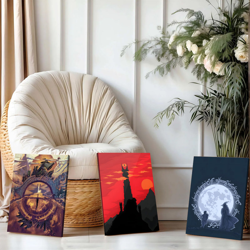 3PCS Wall Arts Posters Framed, The Lord of the Rings Trilogy Canvas Wall Art Set - Iconic Scenes from Middle Earth Including Fellowship Bridge, Barad-dur Tower and Gandalf with Moonlight - Perfect for Fantasy Fans and Home Decor