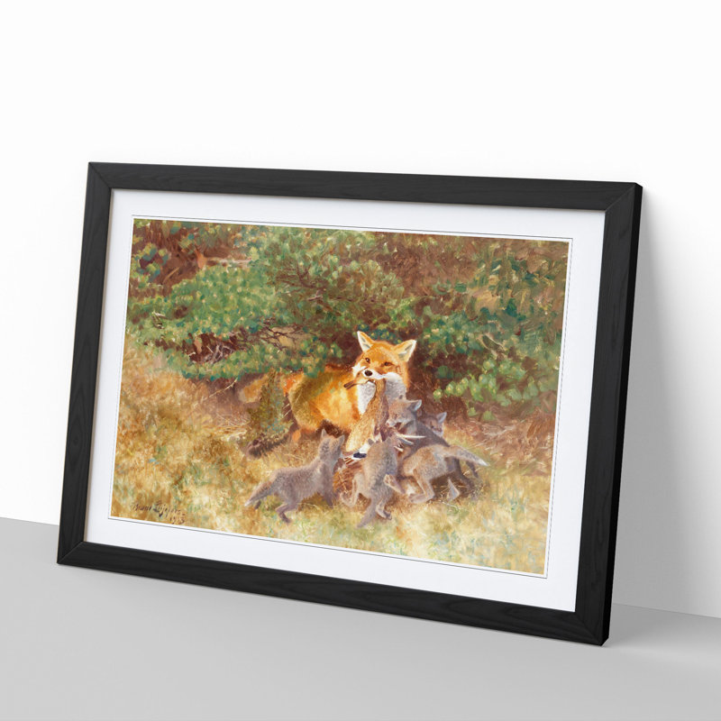 Fox and Cubs by Bruno Liljefors - Picture Frame Painting, Black Framed, 36cm H x 48cm W x 2cm D
