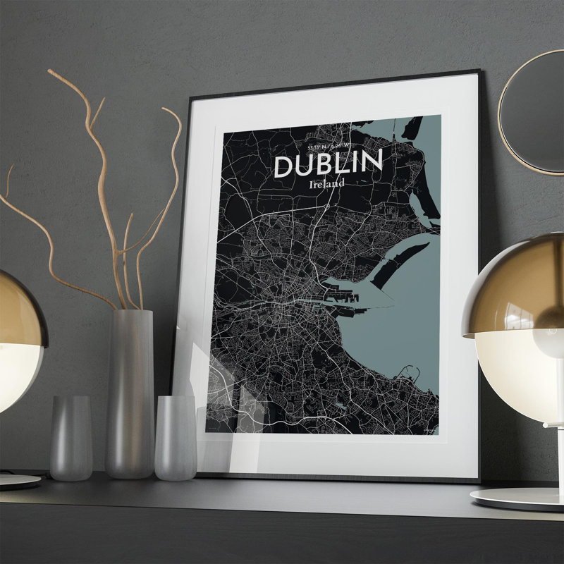 «Dublin City Map», impression de luxe, Gris / noir, H 27,6 po x l 19,7 po