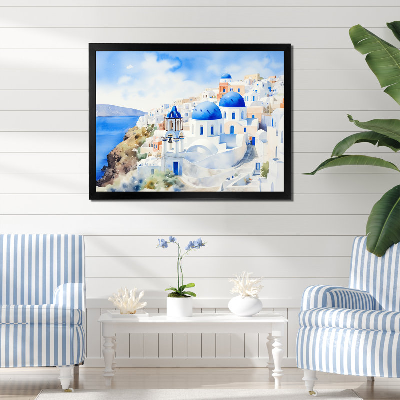 Grèce, Santorin, paysage I - Grèce, art mural, Cadre d'angle fermé noir, H 12 po x l 20 po x P 1 po