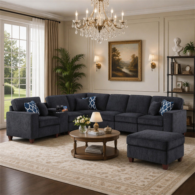 Canapé modulaire avec repose-pieds Gina, Black Chenille, 35" H x 99.25" W x 136.25" D