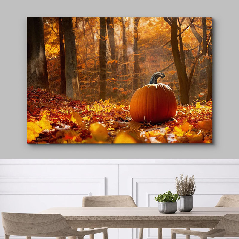 Autumn Fall "Thanksgiving Pumpkin In Orange Forest Nature Landscape Large Framed Canvas Print Decor, 12" H x 18" W