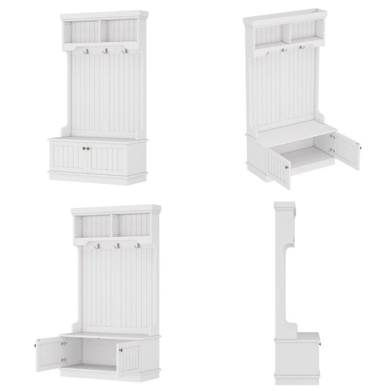 Hall Tree With Storage Shoe Bench For Entryway And Hallway, 4-In-1 Design Coat Racks With Hooks For Living Room, White, White