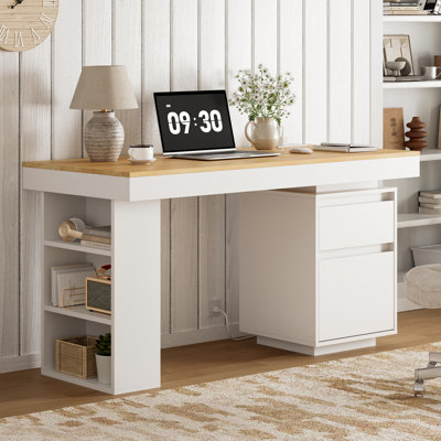 55'' Modern Computer Desk With Drawers, Wooden Executive Desk With File Drawer and Charging Station, 3-tier Open Side Shelf