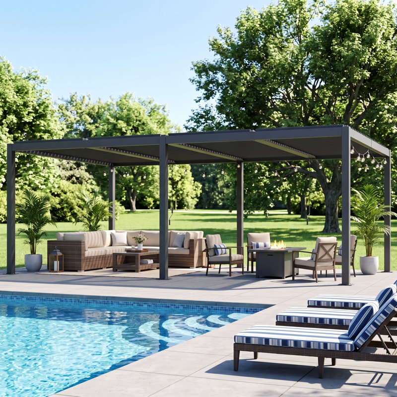 Pergola à persiennes en aluminium 12 po x 20 pi avec toit réglable et système de drainage intégré, 12 pi x 20 pi