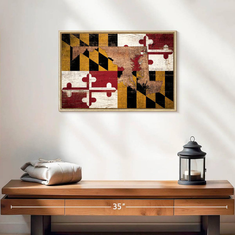 Carte d'État sur le drapeau du Maryland, 19 po x 13 po, Cadre flottant en bois naturel
