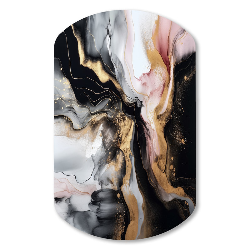 Osegueda Black Gold Marble Splash I - décoration murale asymétrique en métal marbre, impression d'art en métal cylindre noir