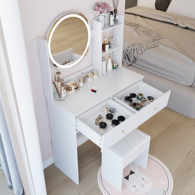 Ensemble de coiffeuse à miroir rond de 17 po à DEL avec ensemble de tabourets à coussin moelleux, grand miroir, interrupteur tactile, 3 couleurs, luminosité réglable, grand bureau, rangement multicouche de grande capacité, convient aux petits espaces