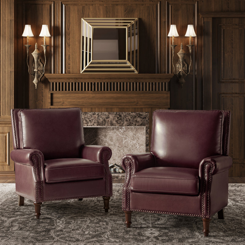 Wajeeh 33"W Mid-Century Modern Oil Wax Genuine Leather Accent Chair With Solid Wood Legs , Burgundy Genuine Leather