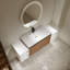Meuble-lavabo mural avec lavabo en résine, deux tablettes de rangement et portes à fermeture en douceur-130603180