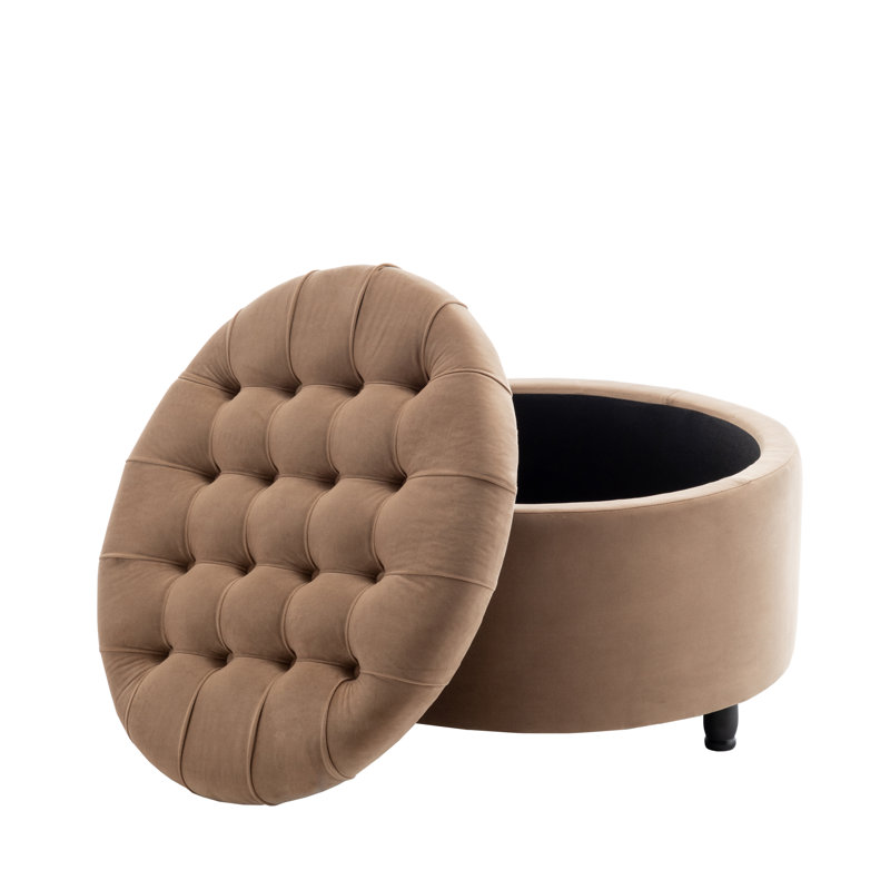 Upholstered Ottoman, Brown Velvet, Brown Wood