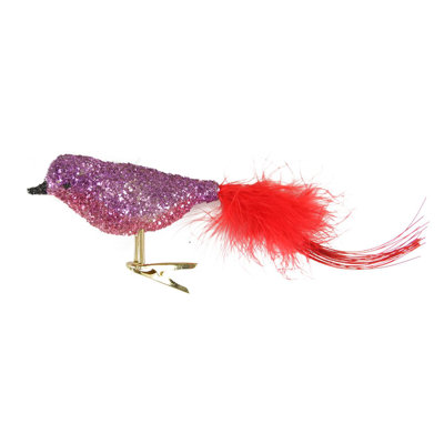 Ornement de Noël 8 po à paillettes mauve et rouge avec queue de plume