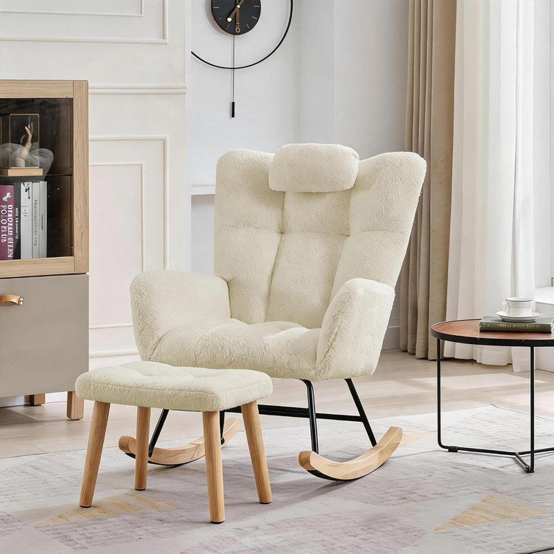 Chaise berçante avec repose-pieds, dossier haut et coussin lombaire, Velours côtelé beige