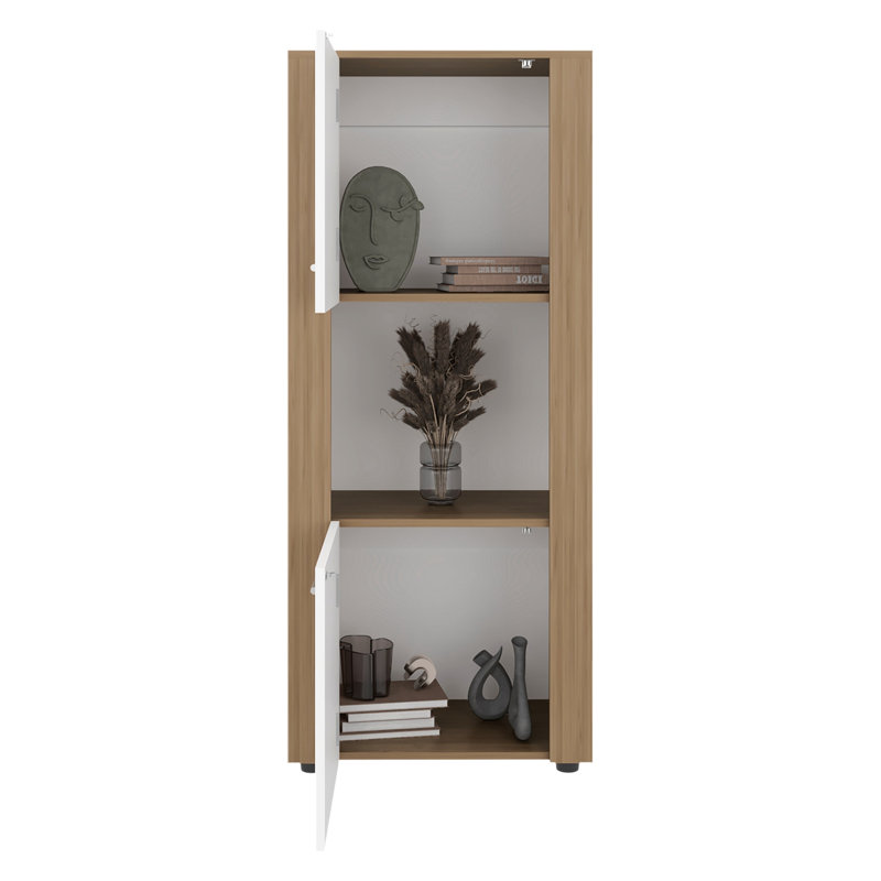 Armoire de rangement verticale en chêne naturel et blanc pour les salles à manger, maximise les espaces de vie compacts La conception moderne avec affichage horizontal améliore l'organisation des petits espaces